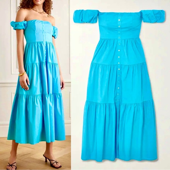 🌺🎉HP🎉🌺 NWT Staud Elio Off-The-Shoulder Midi Dress Bright Blue - Picture 8 of 16